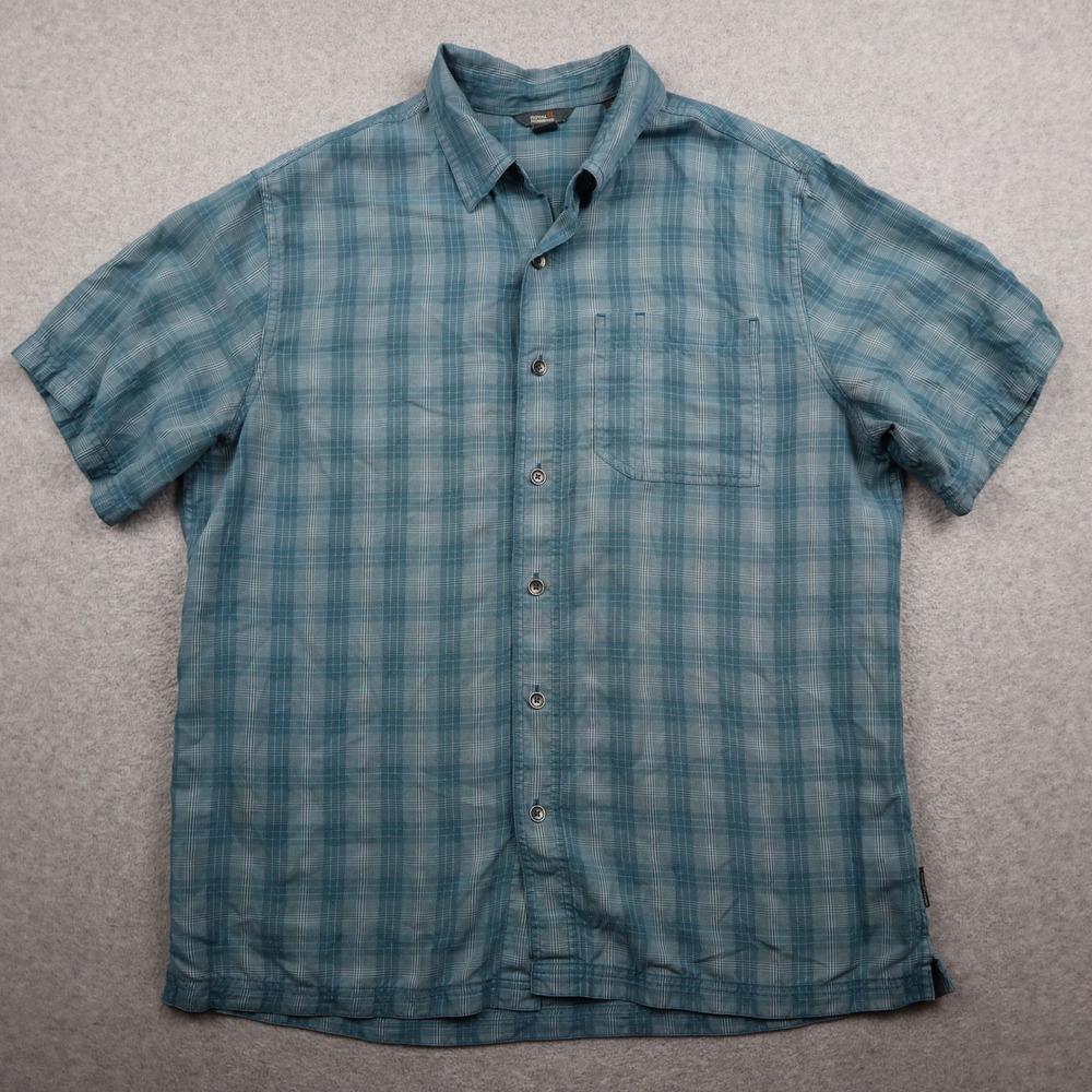 Royal Robbins Shirt Mens Large Relaxed Fit Button Down Teal Plaid Short Sleeve